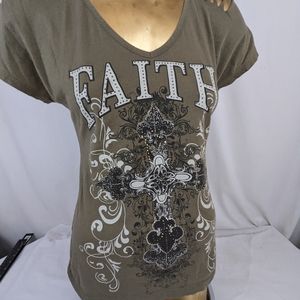 Ransom FAITH Bling Blouse w/Cross & Fleur-de-lis graphics - Cut Out Shoulders
